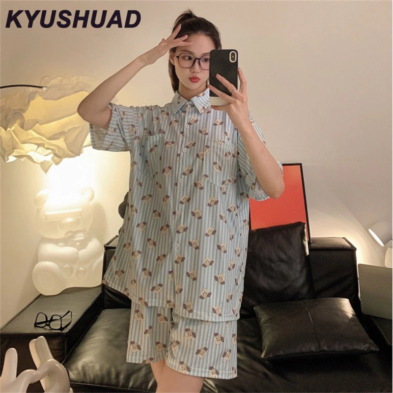 Bộ Đồ Ngủ KYUSHUAD Cho Nữ Mùa Hè Mới Phong Cách Mới Hoạt Hình Dễ Thương Chó Con Quần short Tay Ngắn Áo cardigan Mỏng Quần Áo Gia Đình Có Thể Mặc Bên Ngoài