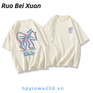 Áo thun cotton ngắn tay thông thường Ruo Bei Xuân dành cho nữ, nơ đầy màu sắc mùa hè dáng rộng thiết kế thích hợp hàng đầu đường phố