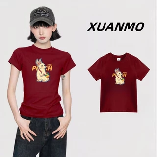 XUANMO Local brand Áo baby tee Áo Thun ôm body Áo y2k 100% cotton Slim-Fit Áo thun Red Wine Cut Top Nữ Áo thun mùa hè 2024 Phong cách mới Thỏ Dâu Phù Hợp Với Áo Ngắn