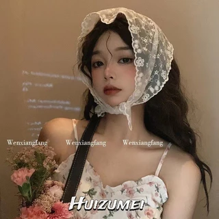 Huizumei Khăn quàng cổ hình tam giác kiểu Pháp retro ren hoa mũ đội đầu ngọt ngào dễ thương