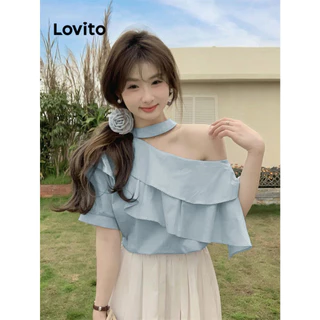 Lovito Áo Sơ Mi Ruffle Sọc Bất Đối Xứng Dễ Thương Cho Nữ LNE59647