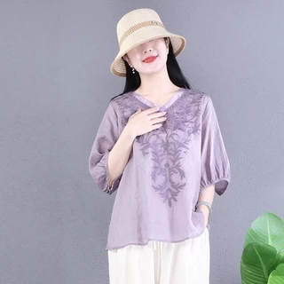 Cao Cấp Vải Lanh Cotton Thêu Top Nghệ Thuật Retro Mùa Hè 2023 Mới Phong Cách Dân Tộc Áo Thun Nữ