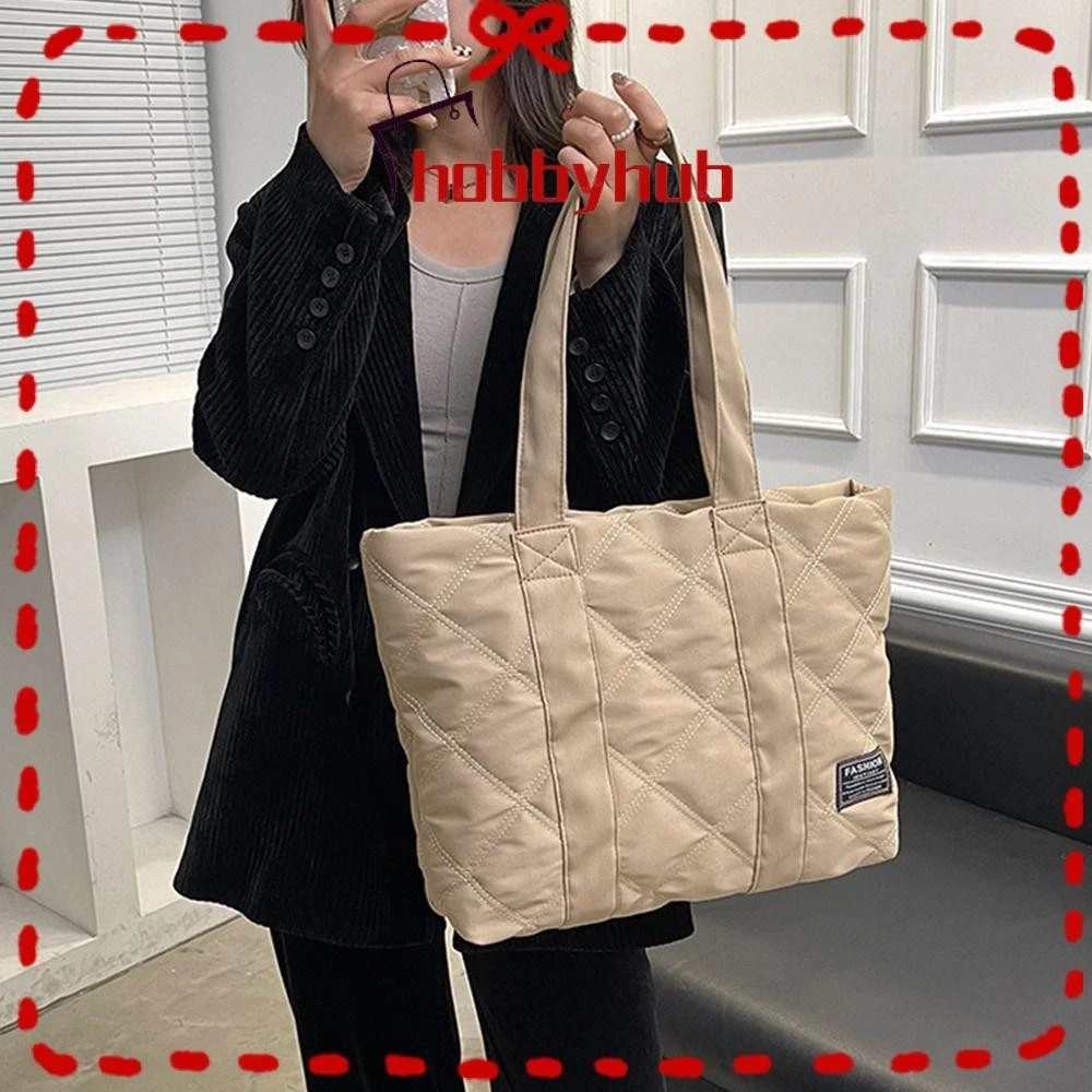 HobbyHob Tote Quilted , Túi xách có đệm Cotton màu trơn, Túi xách tay bằng vải Nylon dung tích lớn thông thường dành cho nữ