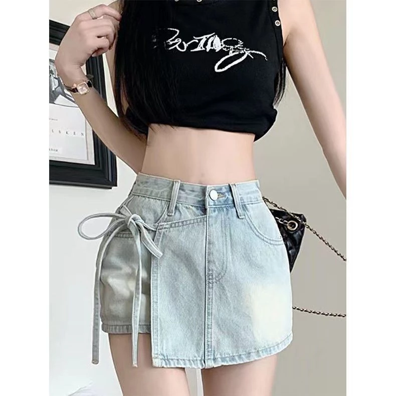 Mỹ Hot Girl Ren-Up Denim Váy Nữ Mùa Hè 2024 Phong Cách Mới Không Đều Cao Cấp Eo Ôm Hơn Nhìn Chữ A Ngắn Culottes 8TSO