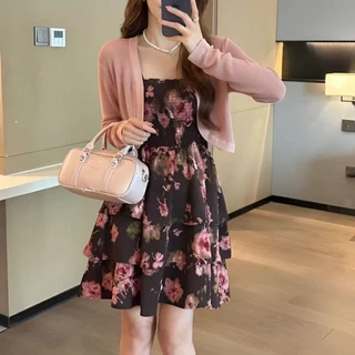 Women's Summer Fashion Western Style Youthful-Looking French Suit Skirt2024Shawl Sling New Floral Dress Two-Piece Set SEUO