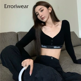 Erroriwear Áo Phông Nữ 2024 Thời Trang Màu Trơn Cổ Chữ V Nhân Quả Slim Fit Dài Tay Crop Top