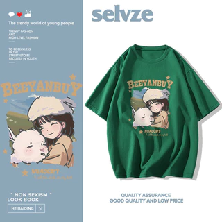 SELVZE Áo thun Cotton ngắn tay nguyên chất mùa hè Oversize dáng rộng chữ thường ngày Anime nhân vật in hàng đầu