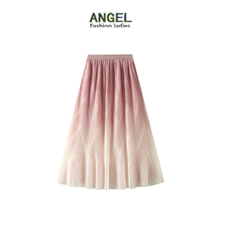 [2 mặt] ANGEL Váy midi nữ thời trang Màu gradient co giãn Hàn Quốc eo cao chữ A mỏng váy xếp ly cỡ lớn váy dài tule váy bánh cho nữ J892