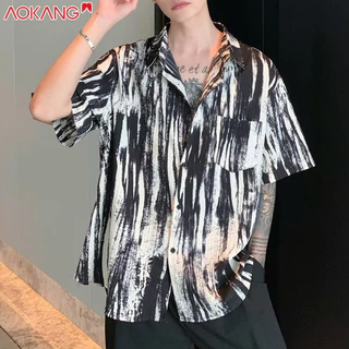 Aokong Thiết kế mùa hè cỡ lớn áo sơ mi ngắn tay nam đẹp trai hợp thời trang xếp nếp tie-dye hàng đầu phong cách mới