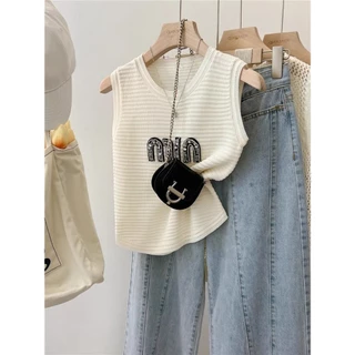 Milyfashion  French Style White Ice Silk Knitted Vest Women's Sling Outer Wear Summer Design Chic Short Letters Sleeveless Top