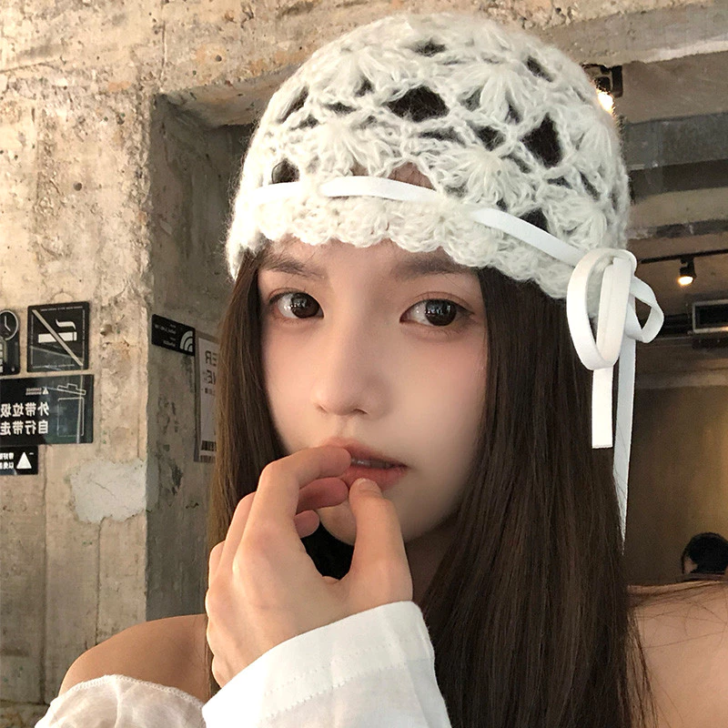 Phong Cách Hàn Quốc ins Dệt Kim Móc Rỗng Mũ Lạnh Nữ Mùa Hè Mỏng Phong Cách Thoáng Khí Phù Hợp Với Mặt Nhỏ Dệt Kim Mũ Len