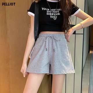 Quần short thể thao nữ Pelliot, lưng cao, dáng rộng, giảm béo, quần ống rộng, quần thường ngày màu trơn