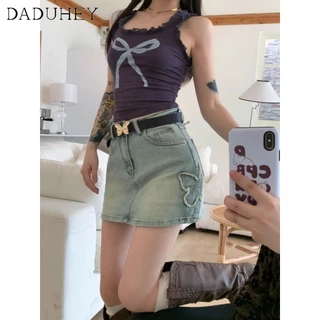 DaDuHey New Korean Version of Ins Retro Washed Denim Skirt Niche High Waist A- Line Skirt Large Size Bag Hip Skirt