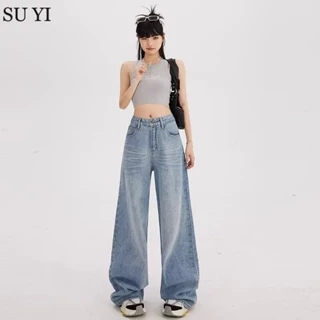 Su YI Retro quần jean ống rộng dáng rộng dành cho nữ, quần ống rộng lưng cao phong cách Mỹ mới, thon gọn, đa năng, xếp nếp dài sàn