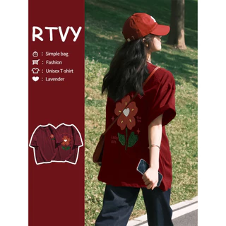 「RTVY」Rượu Vang Đỏ Nguyên Chất Cotton Áo Thun Nữ Mùa Hè Lớn Hoa Đỏ In Hình Oversize Top