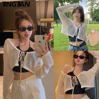 Áo len cardigan TINGTIANOpen, len dệt kim, váy lạ mắt, thích hợp cho bé gái tay dài, dệt kim ngắn, dệt kim mỏng