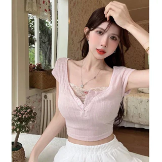 Milyfashion Mùa Hè 2024 Phong Cách Mới Trà Đỏ Hoa Hồng Cô Gái Sợi Jacquard Thủ Công Giả Hai Mảnh Ren Hoa Ngắn Top Nữ