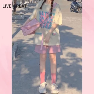 Live GREA Bộ đồ nữ Áo thun ngắn tay quần short phong cách đại học dáng rộng hàng ngày thời trang Hàn Quốc mùa hè mới