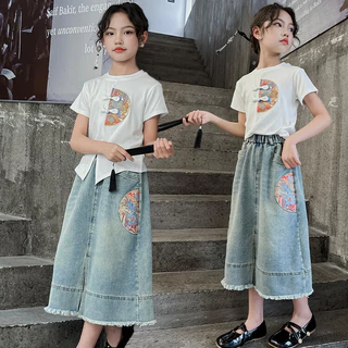 Bộ Đồ Bé Gái Mùa Hè Phong Cách Mới Áo Thun Tay Ngắn Váy Denim Hai Mảnh Phù Hợp Với Thời Trang Thường Ngày Quần Áo Trẻ Em