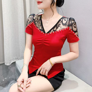 Miou Thiết kế mới với áo thun cotton cổ chữ V ngắn tay ren độc đáo cotton mùa hè tay ngắn đính kim cương xẻ màu đỏ