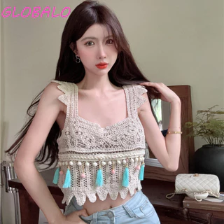 Globalo Bohemia Phong Cách Vest, Áo Crop Top Dệt Kim Tua Rua Camisole, Phong Cách Dân Tộc Ngọt Ngào Dạo Đi Biển Ngắn Đảng