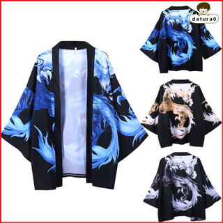 Hàng sẵn có Áo choàng Kimono Nhật Bản mùa hè dành cho nam nữ Phong cách Trung Quốc Áo len in hình rồng Áo nửa tay dáng rộng