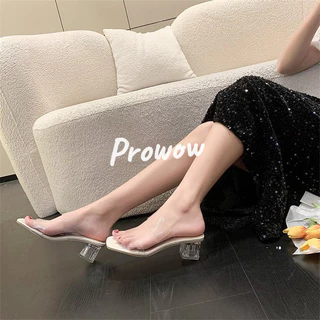 Prowow❤Xăng đan gót dày trong suốt thời trang mới dành cho nữ Dép cao cấp gót trung bình