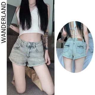 Hot Girl American Retro Denim Quần short Nữ Mùa Hè Mới Cao Cấp Ôm Thiết Kế Chữ A Siêu Ngắn Quần Nóng