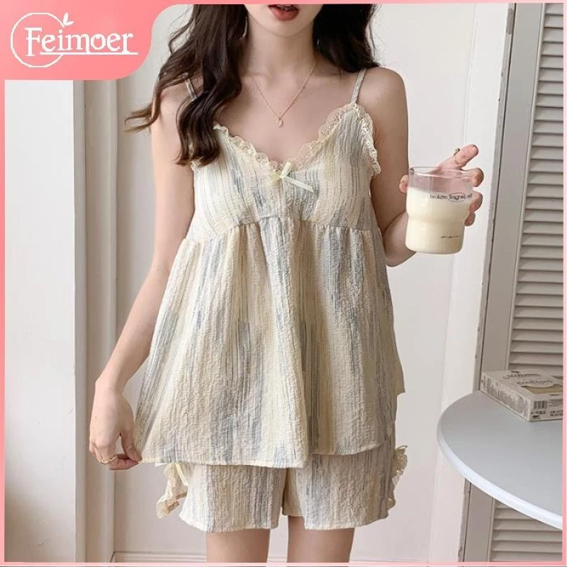 Feimoer Mùa Hè Mới Dây Đeo Bộ Đồ Ngủ Nữ Retro Nhỏ Hoa Nữ Homewear Phù Hợp Với