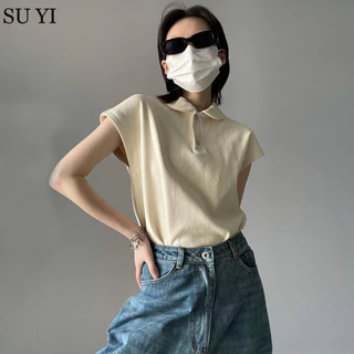 Áo thun Cotton phong cách mới SU YI Áo thun nữ cổ POLO không tay