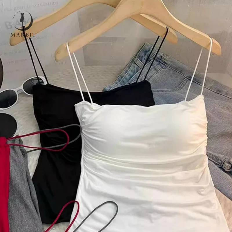 [Hbne] Dây đeo Spaghetti màu trơn mùa hè dành cho nữ Áo hai dây mỏng xếp li có đệm ngực FHS