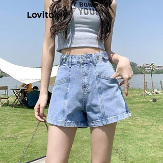 Lovito Nút túi có nút giặt trơn thông thường có túi phía trước Quần short denim cho nữ LNE55540