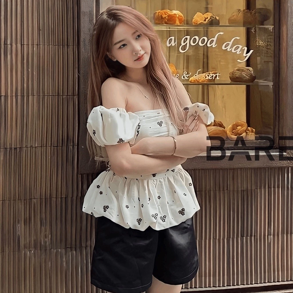 (Có Big Size) Áo Trễ Vai Nữ Tay Bồng Hoa Nhí 2 Lớp Chất Đũi Xốp Mềm Phong Cách Hàn Quốc Đáng Yêu - AO0119