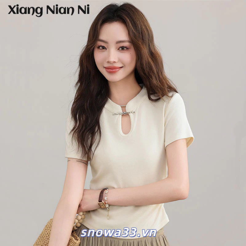 Xiang Nian Ni Mùa Hè Mới Retro Nguyên Chất Cotton Áo Thun Nữ Đứng Đĩa Khóa Cổ Slim Giảm Béo Đa Năng