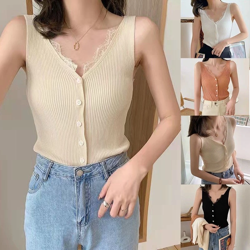 8 Màu Nữ Dệt Kim Sling Camisoles Ren Gợi Cảm Cổ Chữ V Không Tay Dệt Kim Đáy Bể