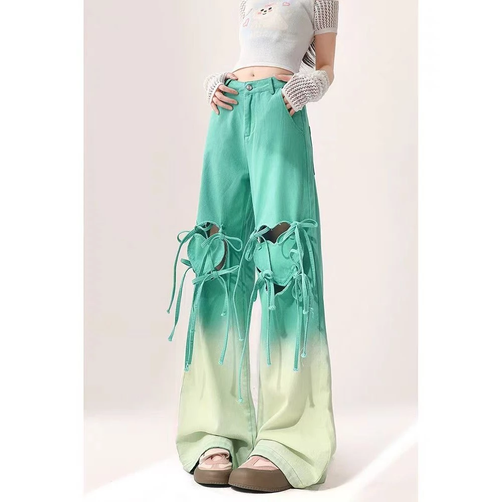 Mint Mambo Gradient Xanh Rách Quần Jean Nữ Plus Size Tình Yêu Quần Thẳng Béo mm Hợp Thời Trang Quần Ống Rộng Hàng Sẵn Có Quần Thời Trang