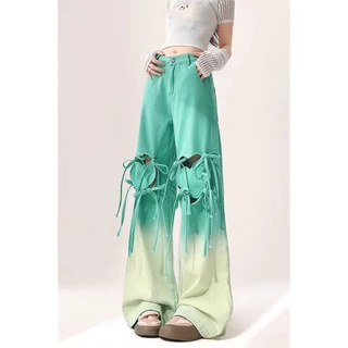 Mint Mambo Gradient Xanh Rách Quần Jean Nữ Plus Size Tình Yêu Quần Thẳng Béo mm Hợp Thời Trang Quần Ống Rộng Hàng Sẵn Có Quần Thời Trang