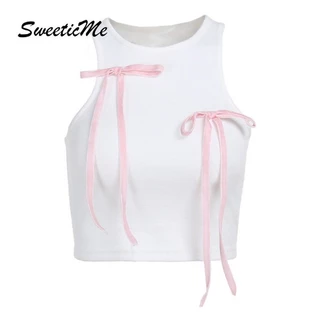 Sweeticme Nữ 2024 Cổ Tròn Thời Trang Mới Phù Hợp Với Slim Fit Nơ Áo Tank Topsole