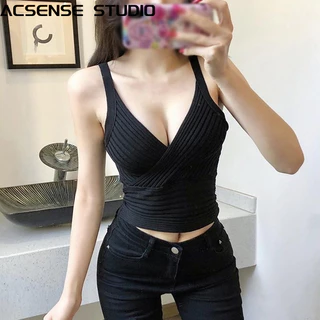 Áo sơ mi ACSENSE STUDIOCroptop dệt kim thiết kế cổ chữ V quyến rũ cổ chữ V sâu