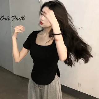 Áo thun nữ OrliFaith 2024 màu trơn cổ chữ U tay ngắn Slim Fit Áo bất đối xứng thông thường