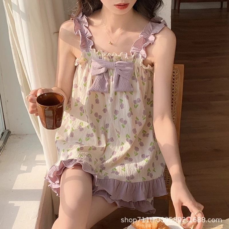 Bộ đồ ngủ trên bình hoa ngọt ngào, đồ ngủ hoa 2 mảnh phong cách Nhật Bản mặc ở nhà dành cho nữ