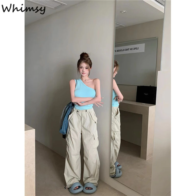 Áo hai dây đeo vai nghiêng màu xanh Whimsy thiết kế mùa hè dành cho nữ thích hợp ngọt ngào và mát mẻ hot girl áo ngắn tay mỏng không tay để mặc bên ngoài