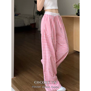 Cocorygirl Quần áo nữ Hàn Quốc Quần ống rộng tartan cạp cao Quần lau nhà co giãn thông thường