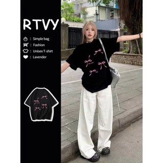 「RTVY」Áo thun Cotton ngắn tay nữ cỡ lớn in hình nơ dáng rộng cổ tròn