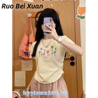 Áo thun nữ Ruo Bei Xuân Mới in thú vị giảm béo nếp gấp vai thẳng eo tay ngắn đơn giản giản giản dị đa năng áo