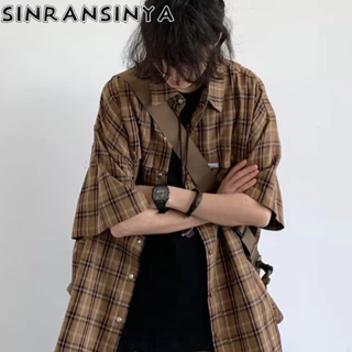 Sinransinya Mới Áo Sơ Mi Nam Mỹ Retro Đường Phố Cao Cấp Cotton Nguyên Chất Checkered Nút Thiết Kế Rời Hip Hop Thanh Niên Cặp Đôi Thời Trang Cổ Polo Nửa Tay Áo