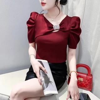 Mùa Hè Phong Cách Mới Áo Thun Nữ Cổ Chữ V Slim-fit Thời Trang Nhẹ Nhàng Phiên Bản Hàn Quốc S