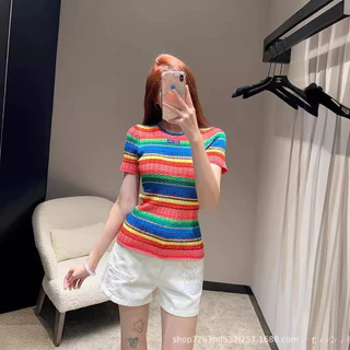 MiuMiu 24Summer New Socialite Age Reduction Dopamine Color Stripes Striped Stretch Knitted Short Sleeve