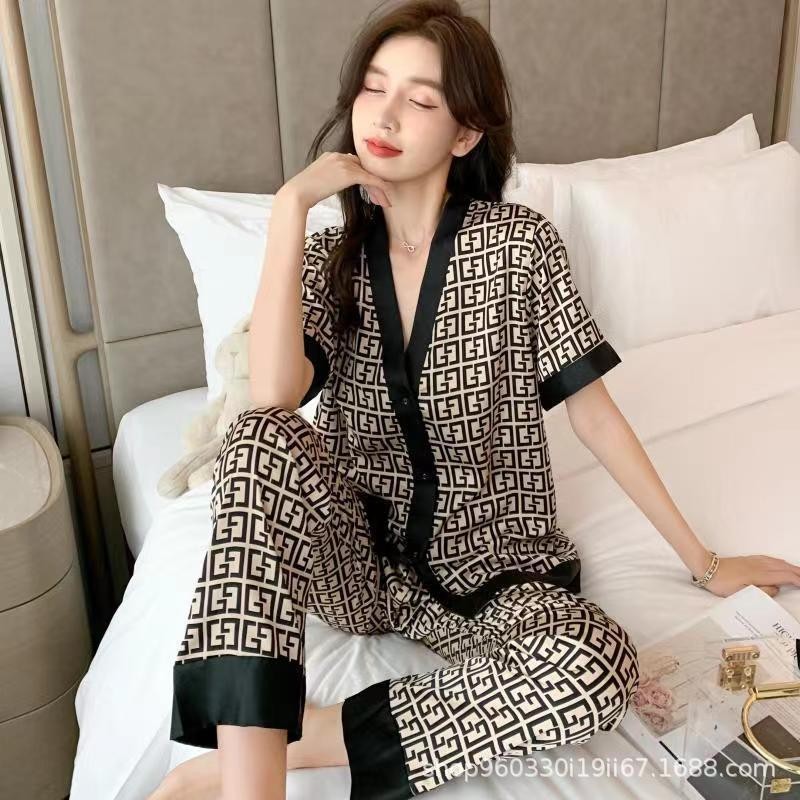 Bộ Đồ Ngủ Tay Dài Họa Tiết Chữ Sang Trọng Thoải Mái Thời Trang Cho Nữ，Vải lụa băng mát lạnh