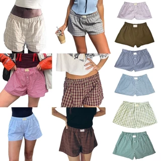 Ldd-nữ Kẻ Sọc In Quần Short Co Giãn Eo Thấp Nút Phía Trước Phòng Chờ Quần Short Boxer Dạo Phố